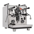 Espresso machine with multiple knobs and a white background