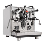 Espresso machine with multiple knobs and a white background