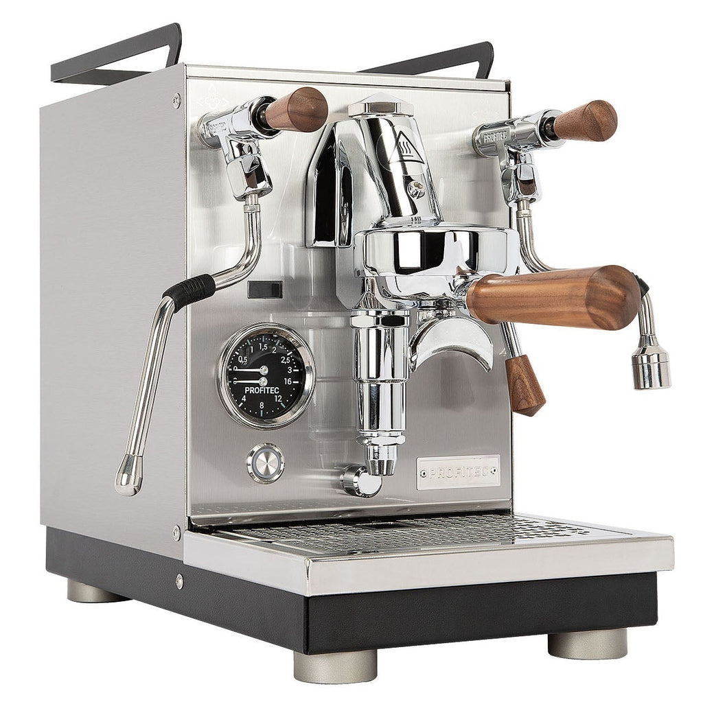 Espresso machine with wooden handles on a white background