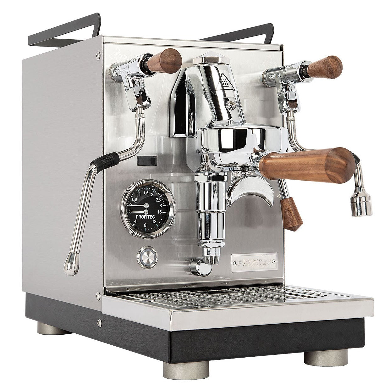 Espresso machine with wooden handles on a white background