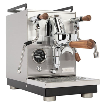 Espresso machine with wooden handles on a white background